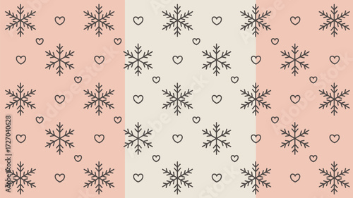 A repeating pattern of snowflakes and hearts on a peach and beige background in a diagonal arrangement
