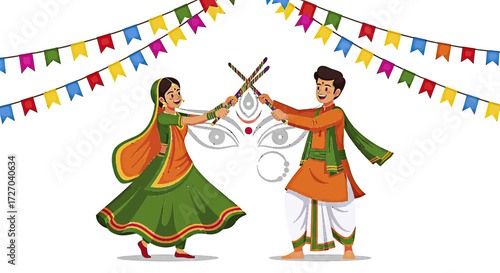 Vibrant Indian Festival Celebration with Traditional Dandiya Dance, Featuring a Joyful Couple Performing Garba During Navratri Festivities