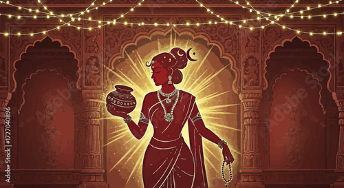 Diwali Festival Of Lights Celebration With A Woman Holding A Pot And Wearing Jewelry