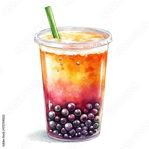 Bubble Tea, watercolor clipart vector, isolated on a white background.