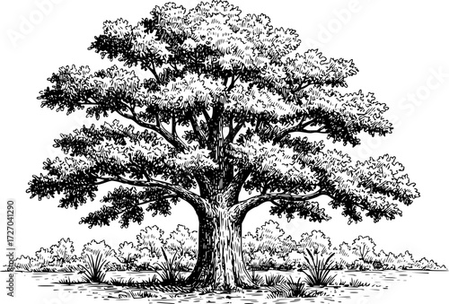 Botanical vector sketch hand drawn line art in landscape, large oak tree vintage engraving style
