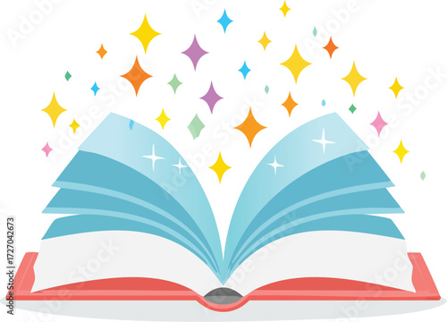 An open magic book with a glowing, sparkling effect coming from its pages. A vector concept for fantasy, stories, and imagination. Generative AI