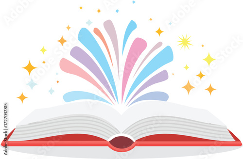 An open book with a magical, colorful burst of light and sparkles. A vector illustration for fantasy, reading, and creative concepts. Generative AI