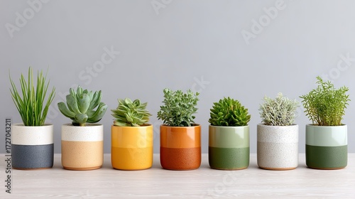 Indoor Houseplants in Colorful Ceramic Pots Against a Neutral Background in Natural Light