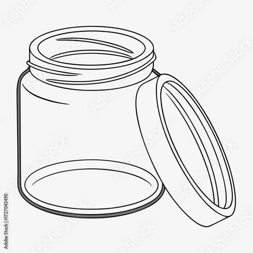 glass mason jar, transparent glass container, simple jar with screw-on lid, classic kitchen pantry item, monochrome vector illustration
