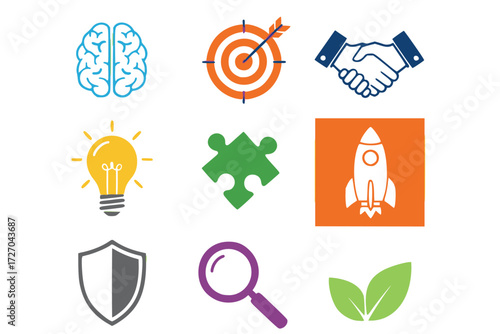 Global Icons of Innovation and Collaboration: Brain, Target, Rocket, Shield, Leaves, and More for Stock