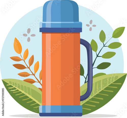 A thermos or travel mug decorated with leaves. A vector icon for concepts of outdoor activities, picnics, and eco-friendly travel. Generative AI
