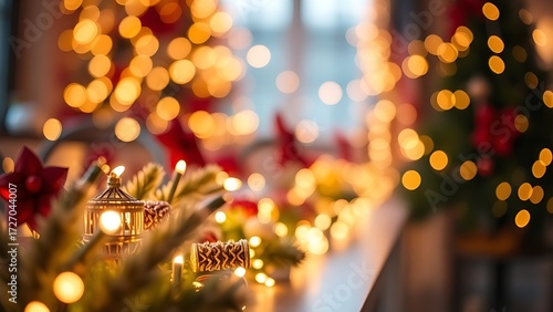 Festive holiday decorations with glowing lights and cozy ambient lighting in the background.