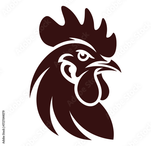 Red rooster head emblem in silhouette style, vector logo design for creative and modern branding