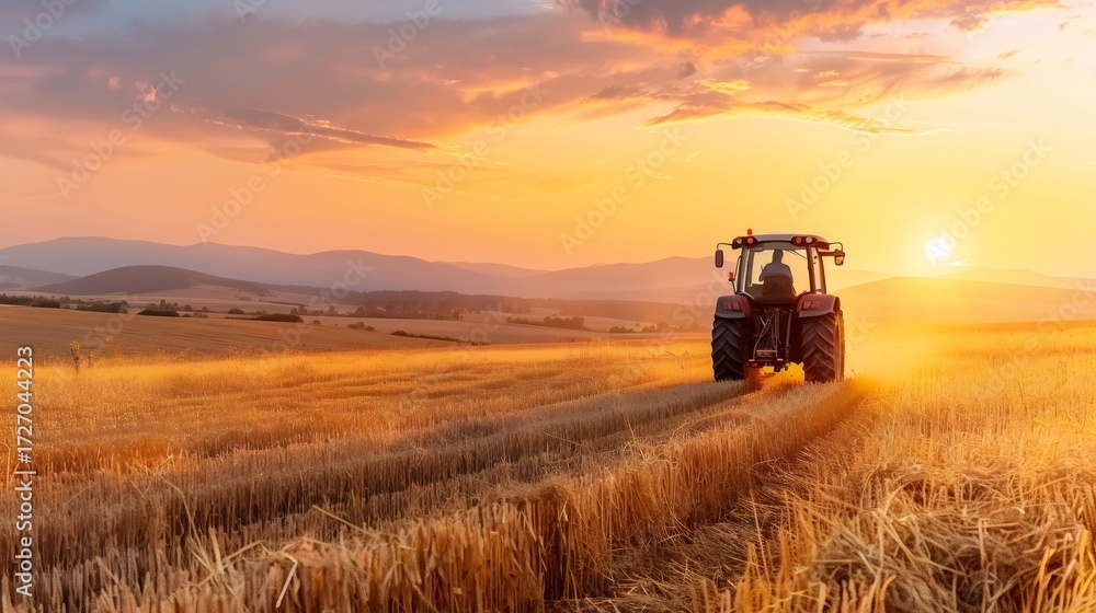 Fototapeta premium Tractor working harvested field during golden sunset