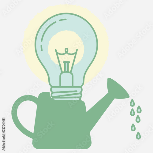 Creative concept of growing an idea symbolized by a green watering can nurturing a glowing light bulb
