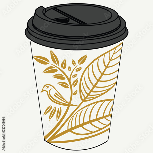 wheat field, coffee cup, plant motif, minimalist design, disposable cup, simple lineart, vector illustration, yellow and black
