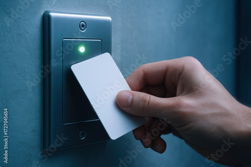Access card Security system Hand holding card Electronic lock Wall switch Green indicator light Key card reader Modern technology Identification