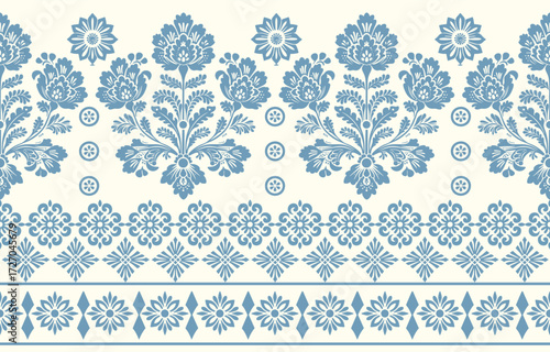 floral pattern vintage ethnic modern embroidery texture boho design vector illustration hand drawn pink flower motif branches leaves wallpaper seamless background border.