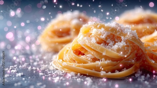 Close up Golden Pasta Nests Sprinkled with Sugar Cinematic Macro Shot