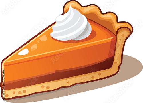 A delicious slice of pumpkin pie with whipped cream. An isolated vector illustration of a traditional autumn or Thanksgiving dessert. Generative AI