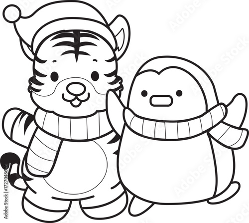Coloring book of cute tiger character vector clip art for children.  