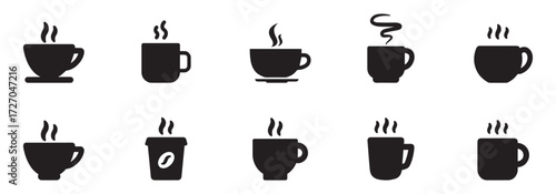 Coffee cup icon set. Cups of coffee tea collection. Hot drink icon. Disposable cup. Cup coffe with steam. Flat style. Vector Illustration. Vector Graphic. EPS 10