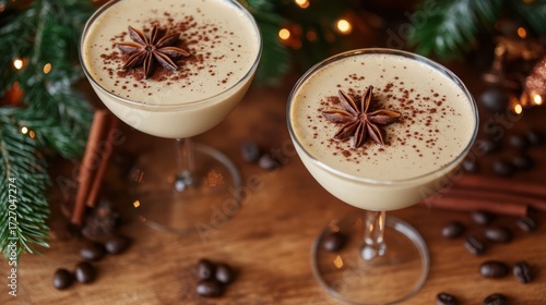 Festive coffee liqueur cocktails, star anise garnish, Christmas lights