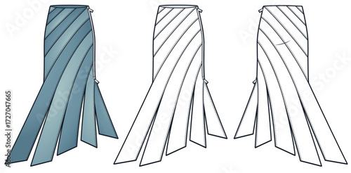 Low-Rise Long Skirt with diagonal panels Technical Fashion Illustration. Asymmetrical Flared Skirt fashion flat technical drawing template, side zipper, front, back view, white, blue, women CAD mockup