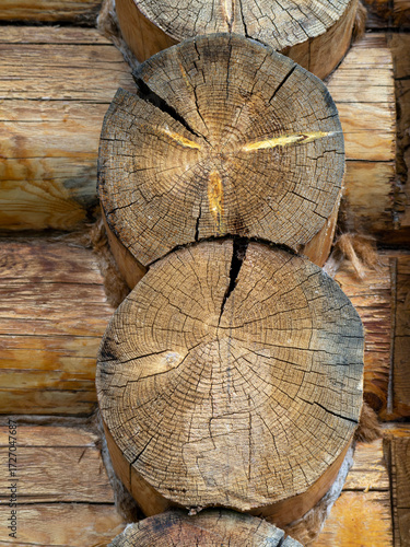 Cuts of logs from which the wall of the hut is laid out. Growth rings and cracks are clearly visible on the saw cuts. Close-up. The logs lie on top of each other. Vertical photo.