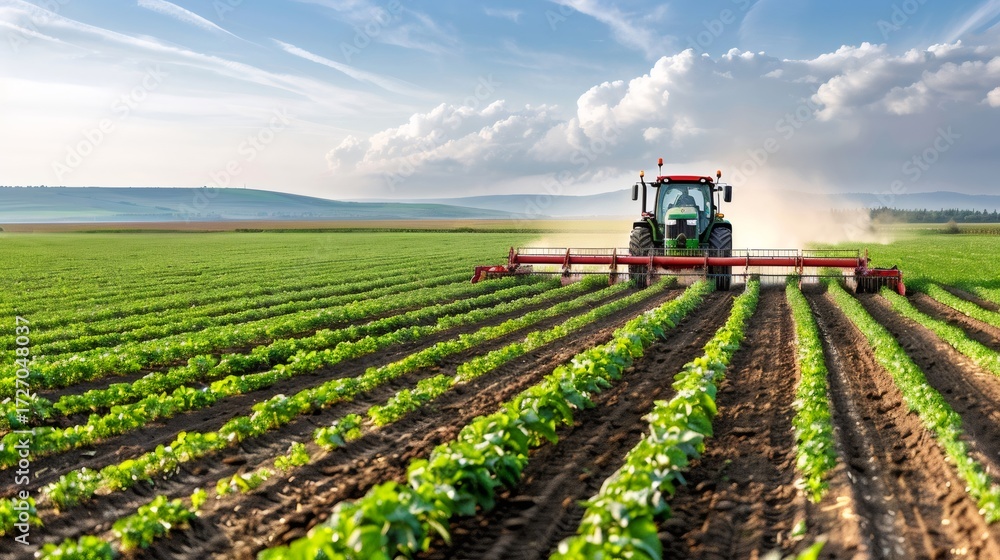 Obraz premium Tractor cultivating young crops in sunny agricultural field