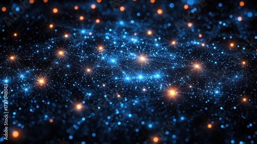 Abstract cosmic network, glowing stars, dark background, digital art, tech concept