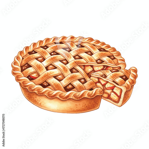 Watercolor Apple Pie Illustration Freshly Baked Dessert Isolated on White Background