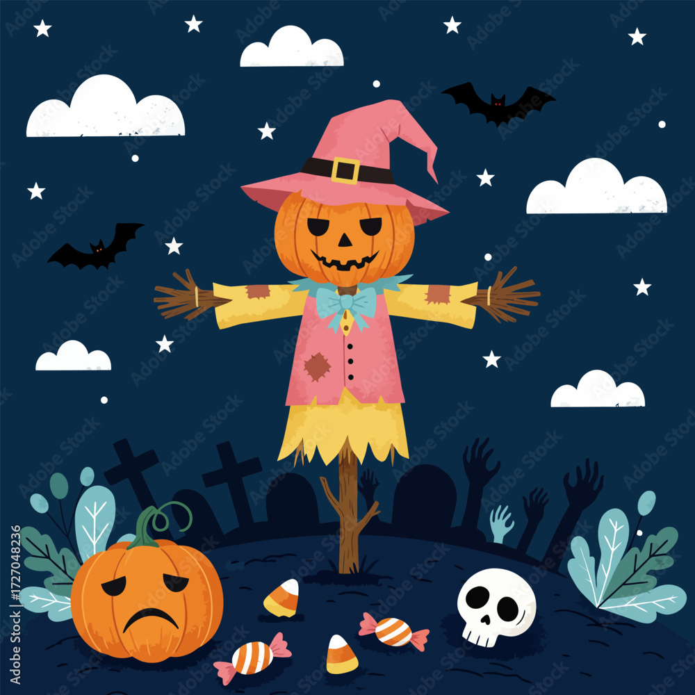 Fototapeta premium A scarecrow pumpkin head in the halloween night, vector illustration