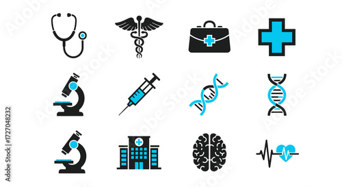 Medical Icon set in a vector design, perfect for healthcare and medical themes. Showcasing diverse tools, symbols of medical and healthcare Vector illustration