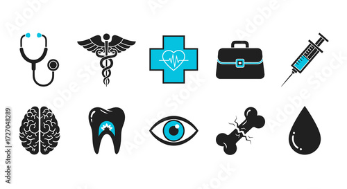 Medical icons set, representing healthcare, medicine, and health-related symbols in a stylish design Vector illustration