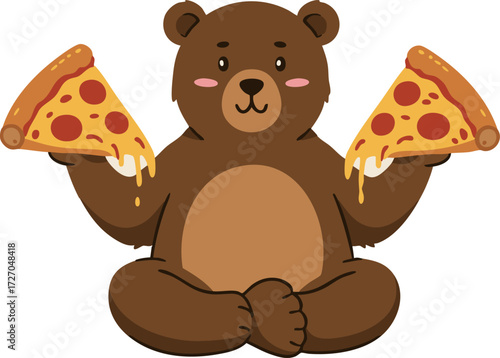 Cartoon bear holding two slices of pepperoni pizza in a playful illustration
