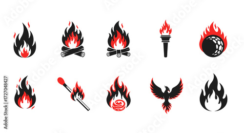 Illustrative representation of burning flames in red and black variations. The scene highlights diverse flame illustrations Vector illustration