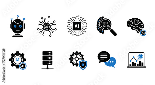 A set of illustrative AI icons on a solid background, with a focus on technological concepts. Each icon is meticulously designed to represent aspects of AI technology. Vector illustration