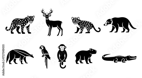 A diverse collection of stylized animal silhouettes, perfect for design use. Each animal is presented in a clean, minimalistic design Vector illustration