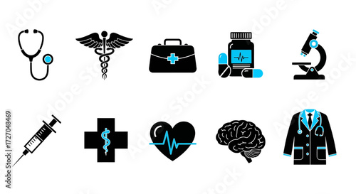 A set of healthcare and medical-related icon symbols, including stethoscope, caduceus, medicine, syringe, heart and microscope  Vector illustration