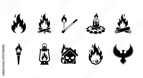 A collection of ten black and white fire-related icons, including flames, torches, matches, lanterns, and burning objects. These icons depict various forms of fire. Vector illustration