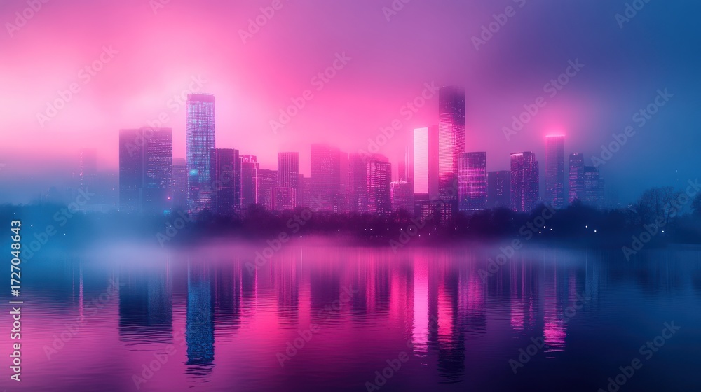 Fototapeta premium Neon city skyline reflected in misty lake, twilight, urban landscape