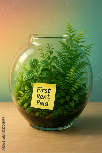 First rent paid note, glass terrarium, green fern, mint plant, moss, wooden table, soft light