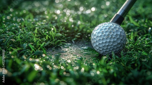 Golf ball on dewy grass, ready for a putt.