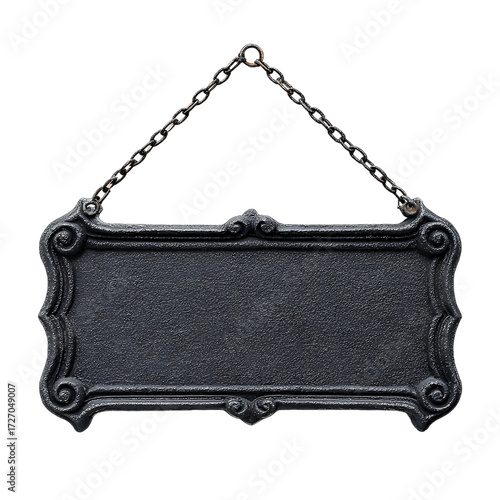 Ornate black sign hanging from a chain isolated on transparent background.