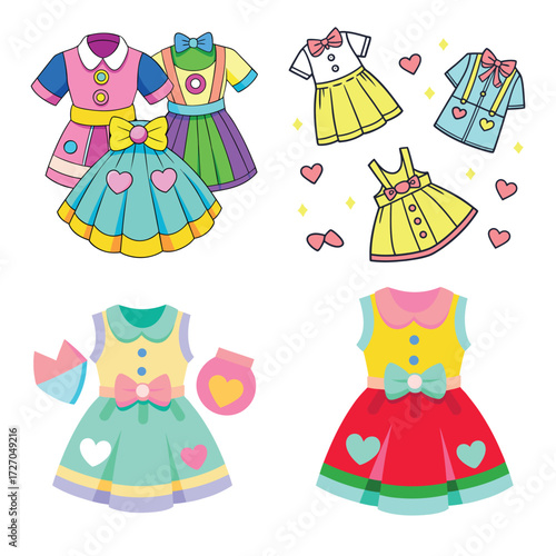 Collection of colorful and playful dresses for little girls featuring various styles and accessories perfect for dress up and imaginative play