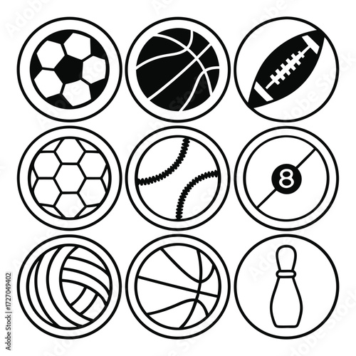 Collection of nine circular icons representing various popular sports balls and equipment in a grid layout