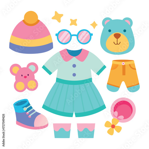 A charming collection of colorful baby clothes and accessories including a hat dress shorts shoes sunglasses and cute animal toys perfect for nursery decor and children s fashion