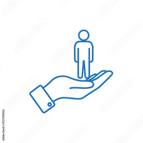A blue outline of a hand supporting a person, symbolizing care and support.