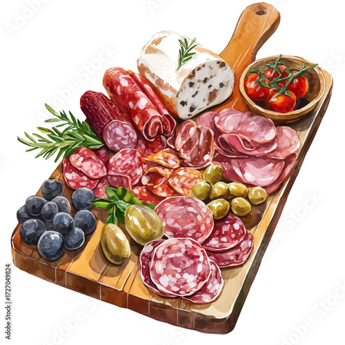 Charcuterie Board, watercolor clipart vector, isolated on a white background.