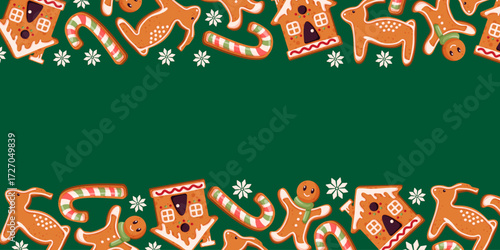 Gingerbread cookie border frame with man, candy cane, reindeer, house and snowflake in cartoon illustration for Christmas holiday package, cafe seasonal menu, festive postcard design.