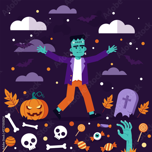 A scary Halloween with frankenstein, zombie, and pumpkins under the October night moon