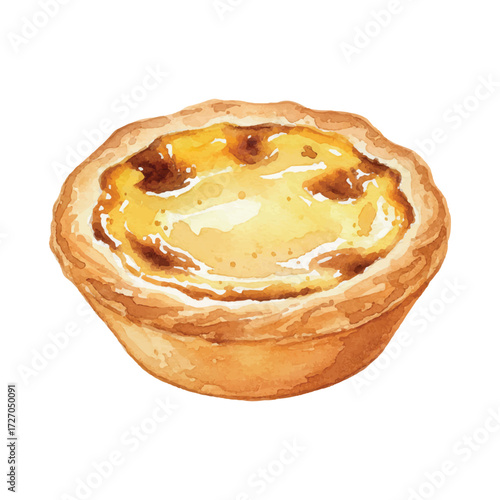 Watercolor Custard Tart Illustration Isolated on White Background