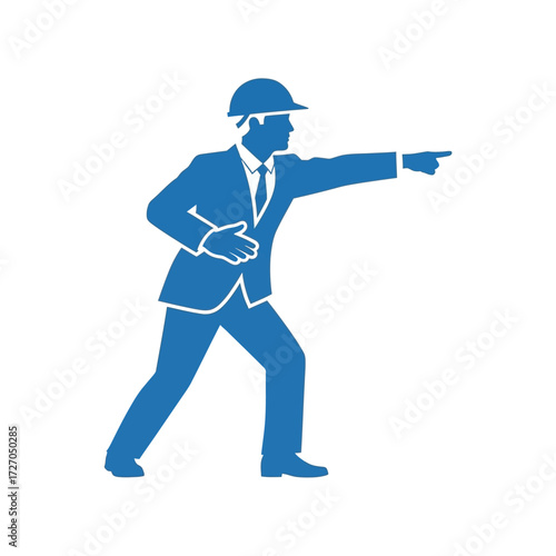 Blue silhouette of a construction worker pointing.